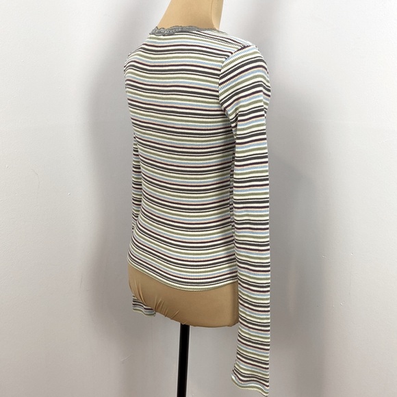 Ivy+Main Cropped Multi Striped Thermal Knit Long Sleeves Lace Neck Shirt Size S - Picture 6 of 10
